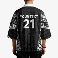 New Zealand Black Fern Custom Kimono Maori Tukutuku Black-white Motif - Polynesian Pride