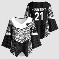 New Zealand Black Fern Custom Kimono Sleeve Blouse Maori Tukutuku Black-white Motif - Polynesian Pride