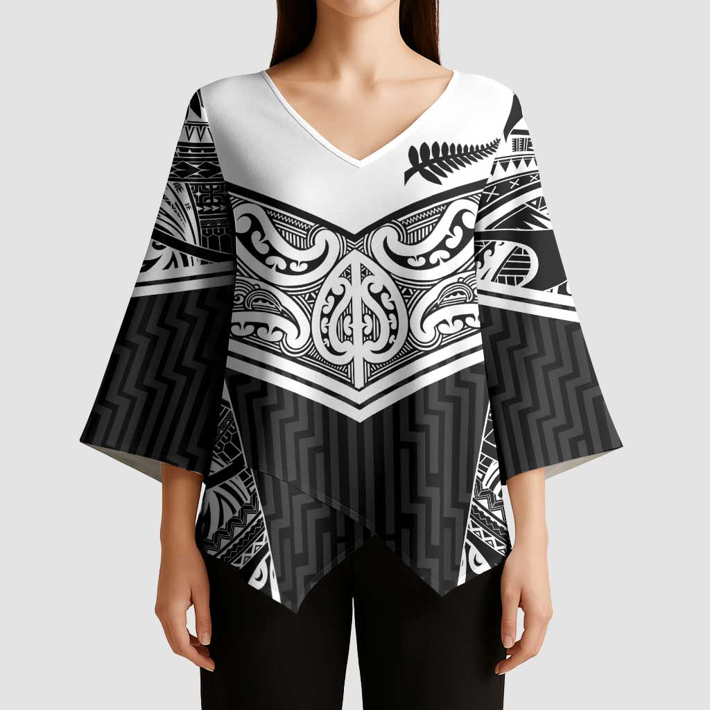 New Zealand Black Fern Custom Kimono Sleeve Blouse Maori Tukutuku Black-white Motif - Polynesian Pride