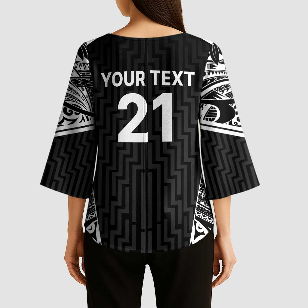 New Zealand Black Fern Custom Kimono Sleeve Blouse Maori Tukutuku Black-white Motif - Polynesian Pride