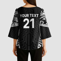 New Zealand Black Fern Custom Kimono Sleeve Blouse Maori Tukutuku Black-white Motif - Polynesian Pride