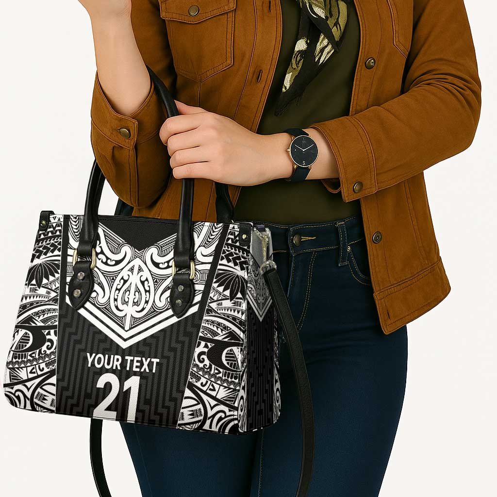 New Zealand Black Fern Custom Leather Bag Maori Tukutuku Black-white Motif - Polynesian Pride