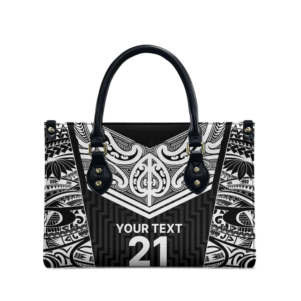 New Zealand Black Fern Custom Leather Bag Maori Tukutuku Black-white Motif - Polynesian Pride