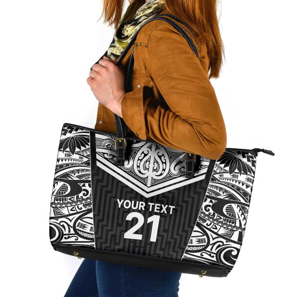New Zealand Black Fern Custom Leather Tote Bag Maori Tukutuku Black-white Motif