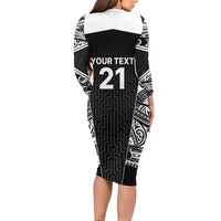 New Zealand Black Fern Custom Long Sleeve Bodycon Dress Maori Tukutuku Black-white Motif