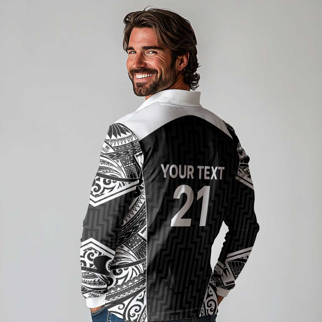 New Zealand Black Fern Custom Long Sleeve Polo Shirt Maori Tukutuku Black-white Motif
