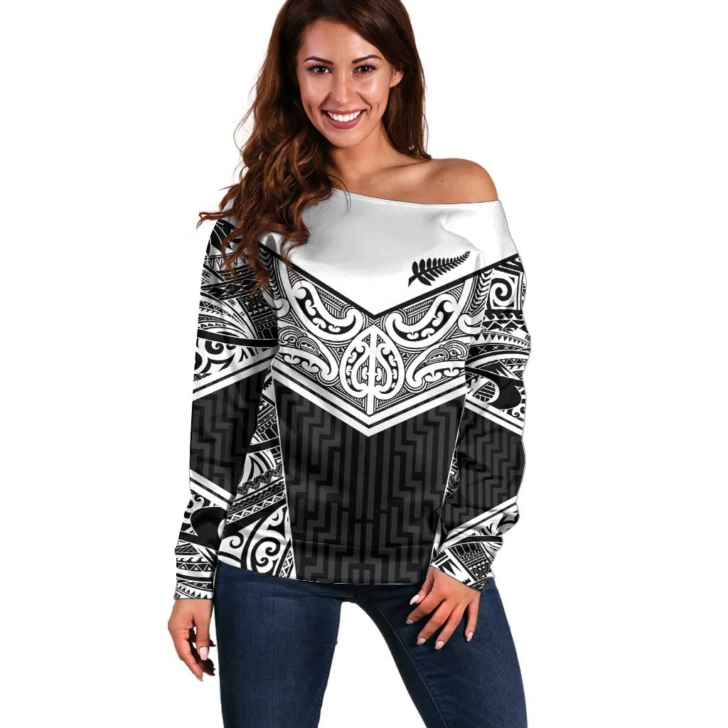 New Zealand Black Fern Custom Off Shoulder Sweater Maori Tukutuku Black-white Motif