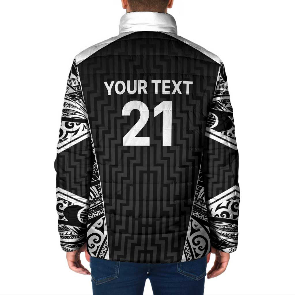 New Zealand Black Fern Custom Padded Jacket Maori Tukutuku Black-white Motif - Polynesian Pride
