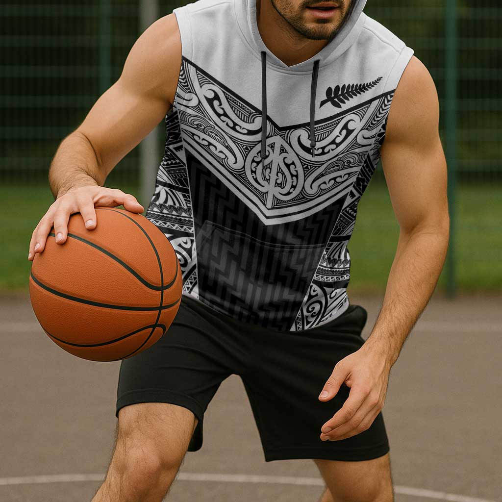 New Zealand Black Fern Custom Sleeveless Hoodie Maori Tukutuku Black-white Motif - Polynesian Pride