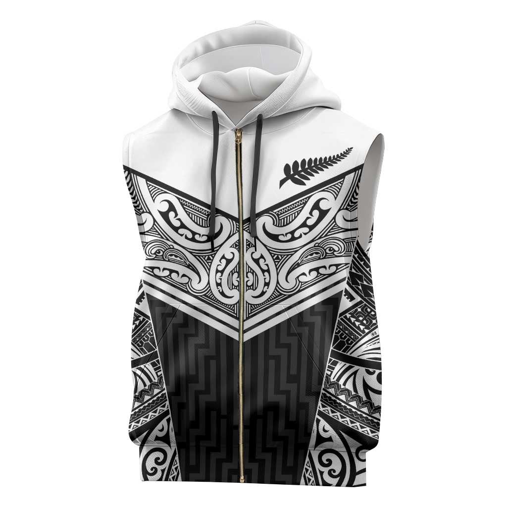 New Zealand Black Fern Custom Sleeveless Zip Hoodie Maori Tukutuku Black-white Motif - Polynesian Pride
