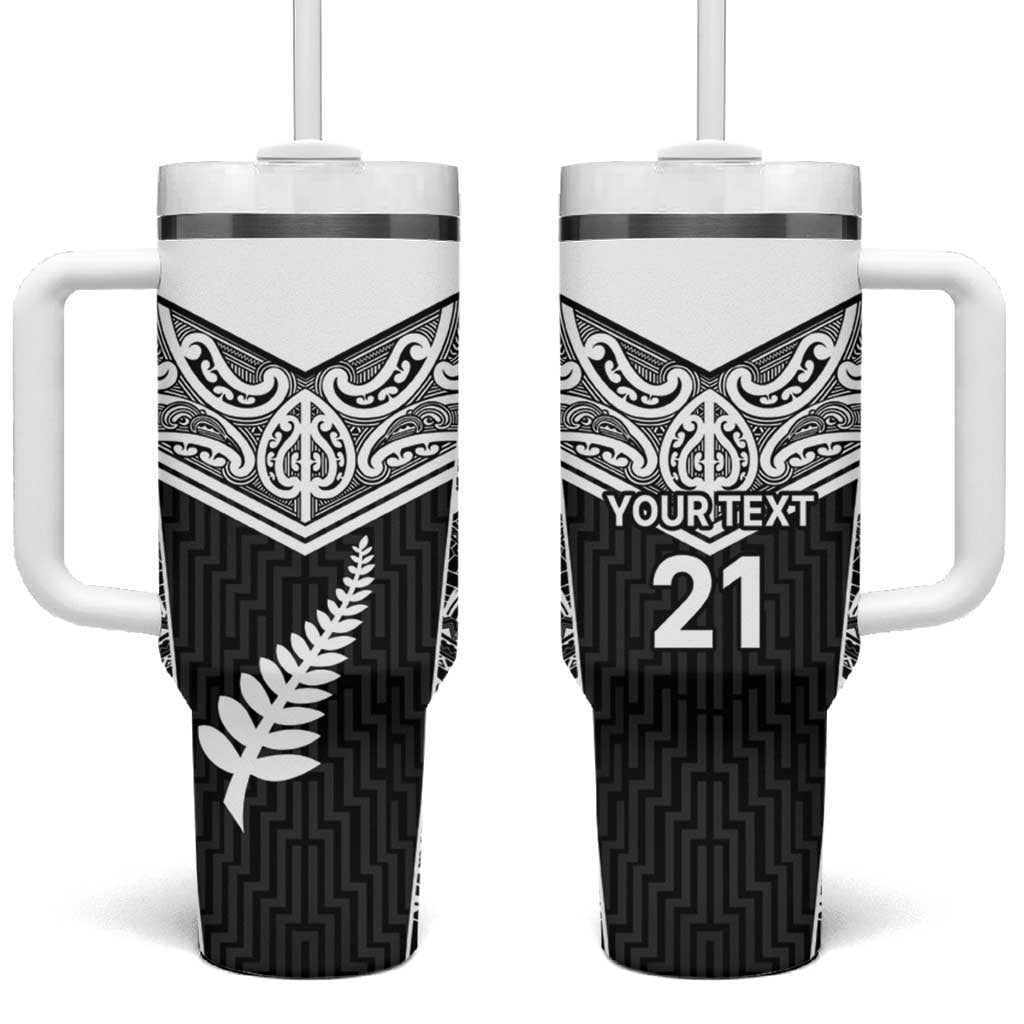 New Zealand Black Fern Custom Tumbler With Handle Maori Tukutuku Black-white Motif