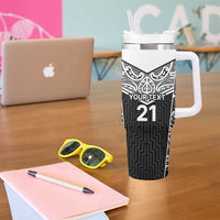 New Zealand Black Fern Custom Tumbler With Handle Maori Tukutuku Black-white Motif