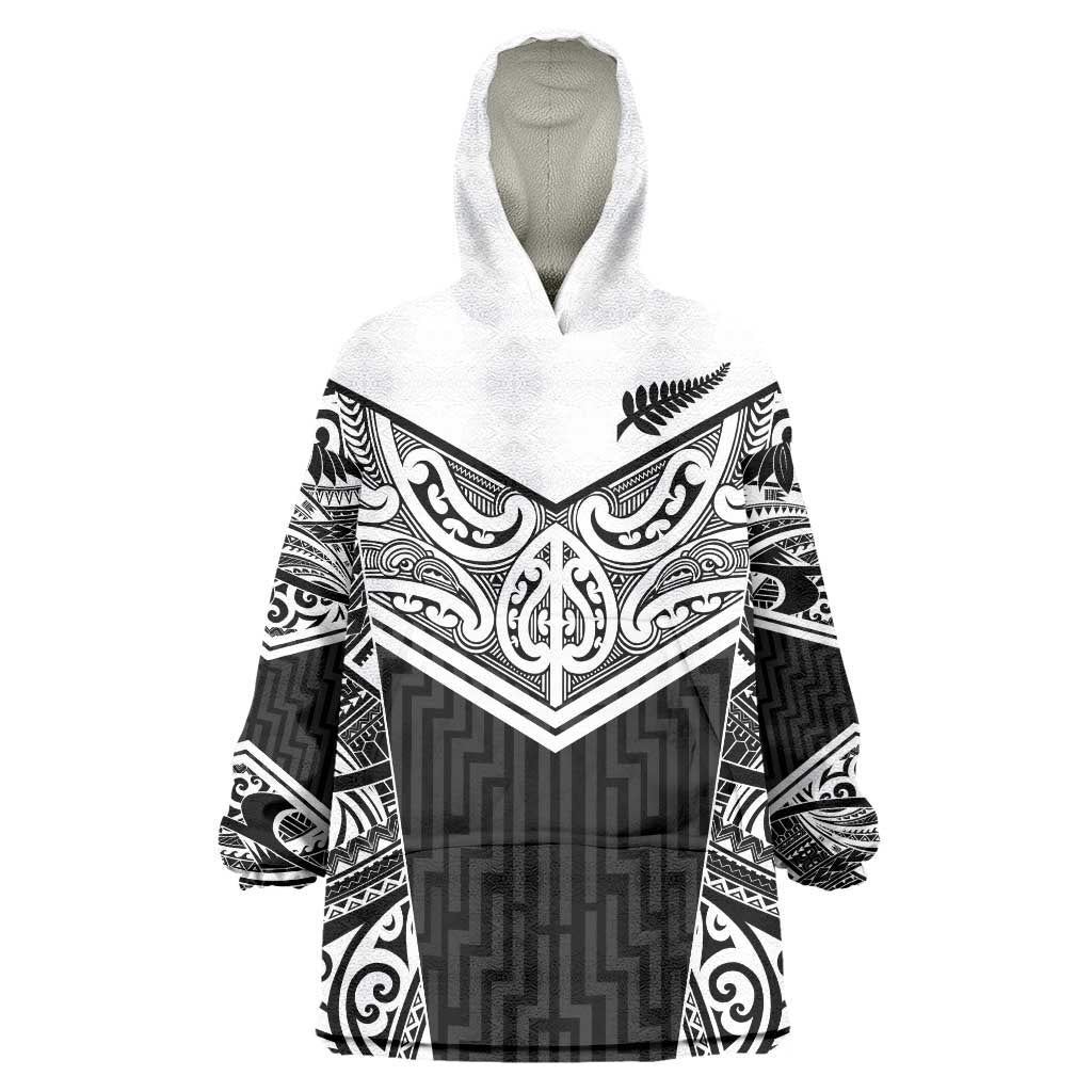 New Zealand Black Fern Custom Wearable Blanket Hoodie Maori Tukutuku Black-white Motif