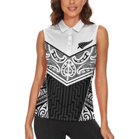 New Zealand Black Fern Custom Women Sleeveless Polo Shirt Maori Tukutuku Black-white Motif