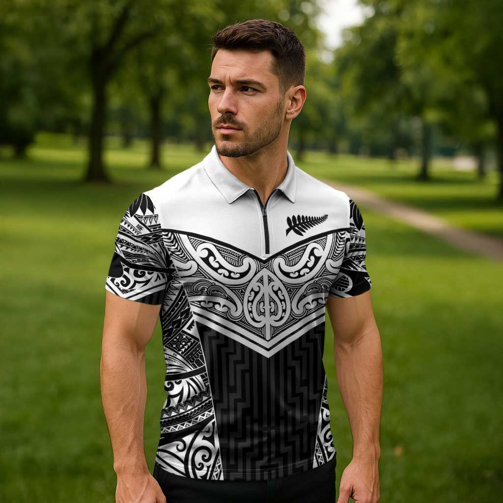 New Zealand Black Fern Custom Zipper Polo Shirt Maori Tukutuku Black-white Motif - Polynesian Pride