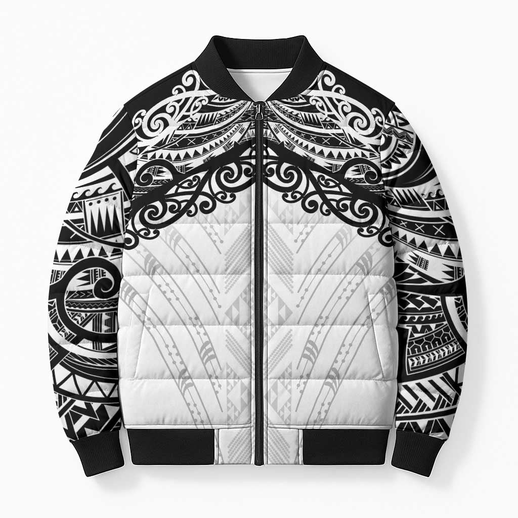 New Zealand Koru Fern Custom Bomber Puffer Jacket Simple Taniko Motif LT9 Unisex White - Polynesian Pride