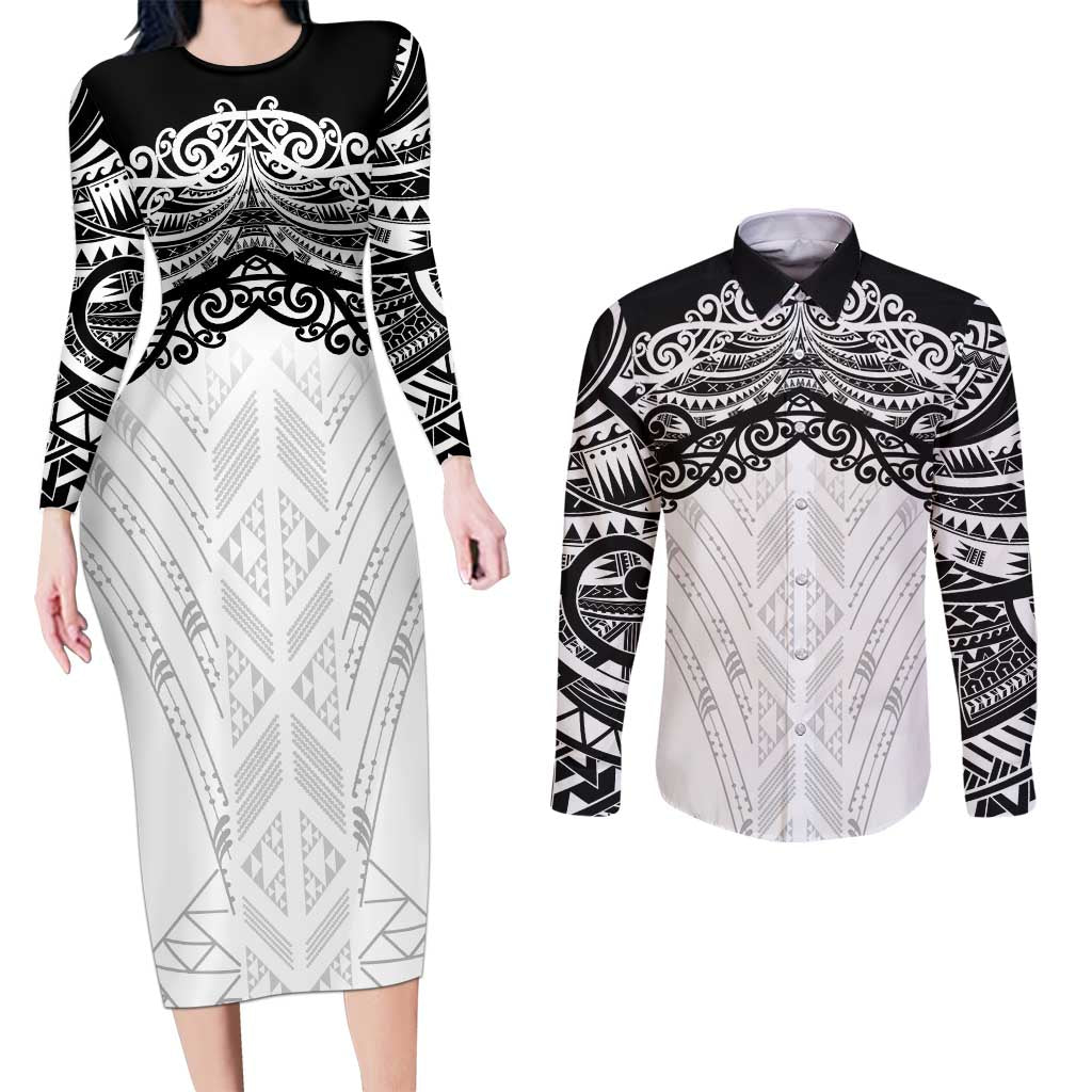 New Zealand Koru Fern Custom Couples Matching Long Sleeve Bodycon Dress and Long Sleeve Button Shirt Simple Taniko Motif