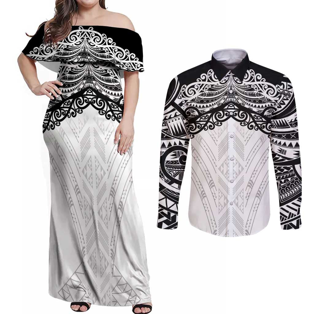 New Zealand Koru Fern Custom Couples Matching Off Shoulder Maxi Dress and Long Sleeve Button Shirt Simple Taniko Motif