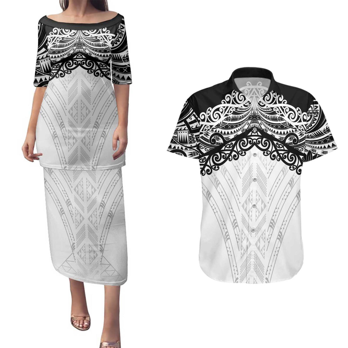 New Zealand Koru Fern Custom Couples Matching Puletasi and Hawaiian Shirt Simple Taniko Motif