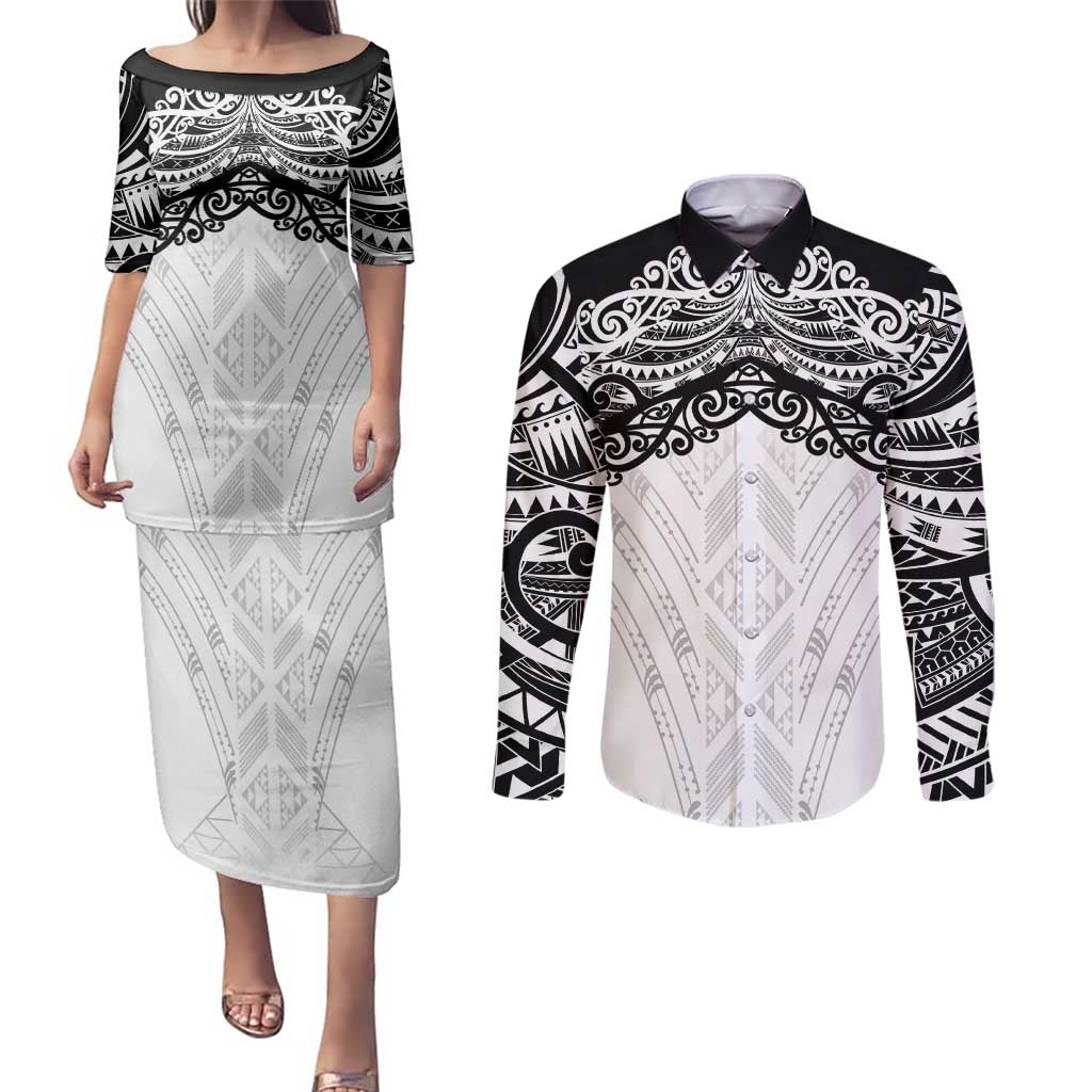 New Zealand Koru Fern Custom Couples Matching Puletasi and Long Sleeve Button Shirt Simple Taniko Motif