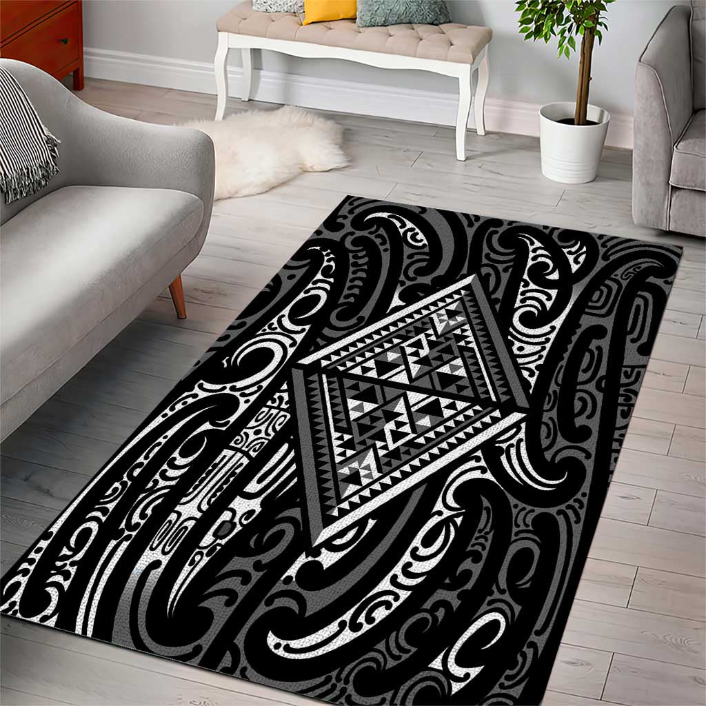 New Zealand Maori Taniko Area Rug Black Kowhaiwhai Puhoro