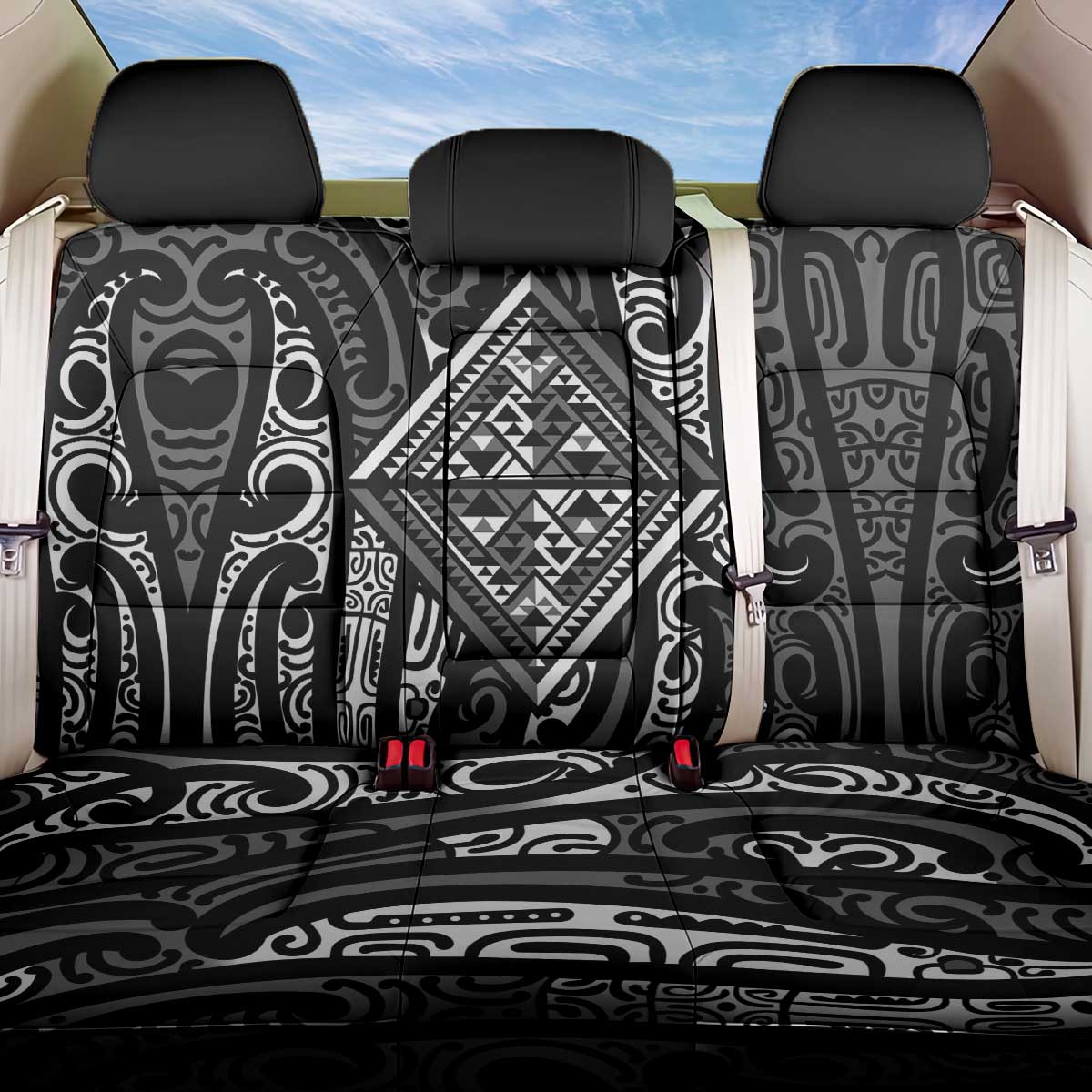 New Zealand Maori Taniko Back Car Seat Cover Black Kowhaiwhai Puhoro