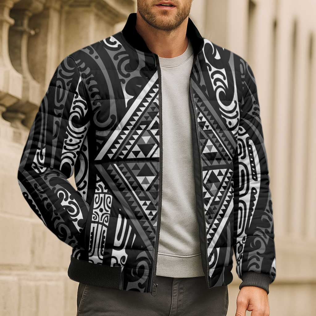 New Zealand Maori Taniko Bomber Puffer Jacket Black Kowhaiwhai Puhoro - Polynesian Pride