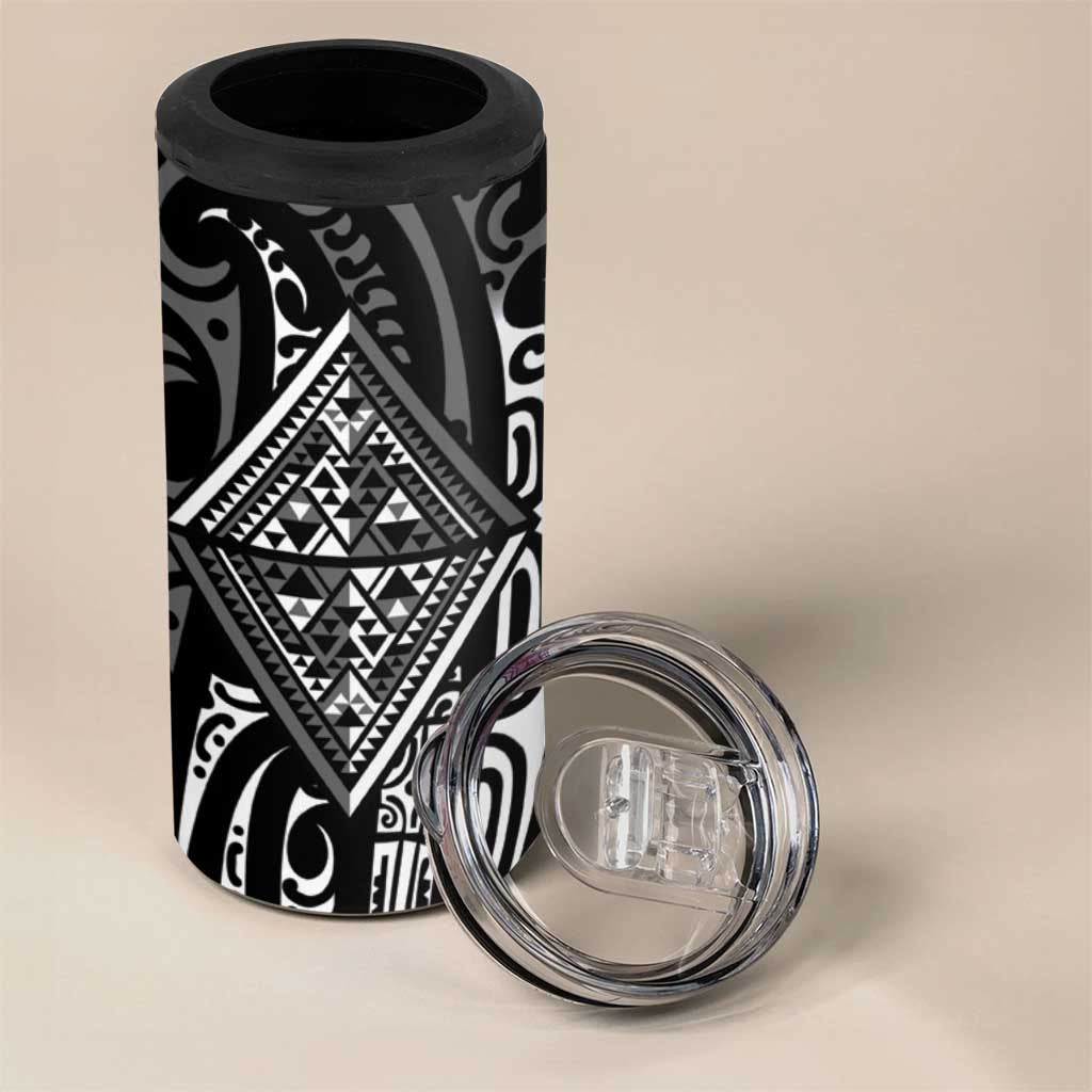 New Zealand Maori Taniko 4 in 1 Can Cooler Tumbler Black Kowhaiwhai Puhoro
