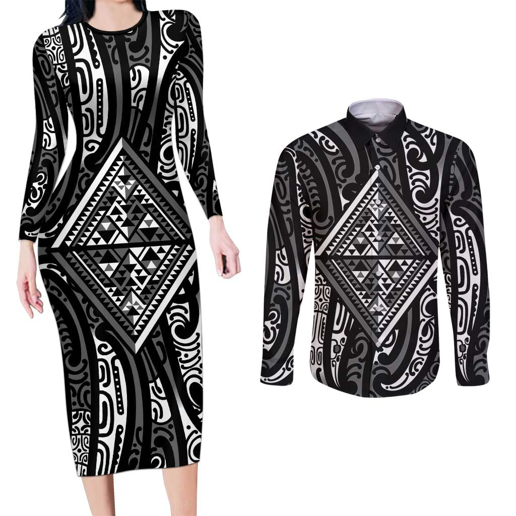 New Zealand Maori Taniko Couples Matching Long Sleeve Bodycon Dress and Long Sleeve Button Shirt Black Kowhaiwhai Puhoro