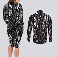 New Zealand Maori Taniko Couples Matching Long Sleeve Bodycon Dress and Long Sleeve Button Shirt Black Kowhaiwhai Puhoro