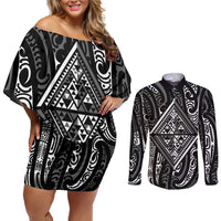 New Zealand Maori Taniko Couples Matching Off Shoulder Short Dress and Long Sleeve Button Shirt Black Kowhaiwhai Puhoro