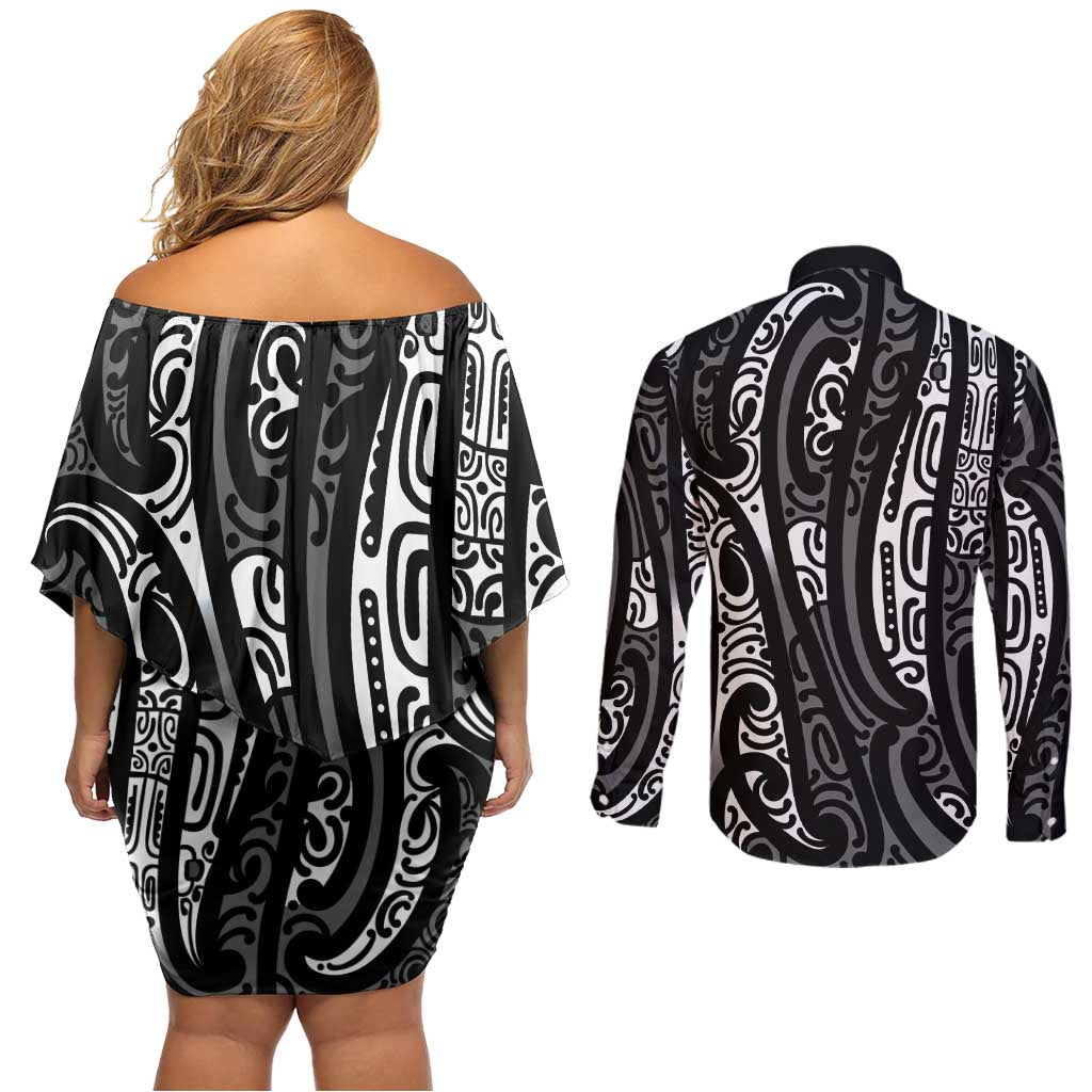 New Zealand Maori Taniko Couples Matching Off Shoulder Short Dress and Long Sleeve Button Shirt Black Kowhaiwhai Puhoro
