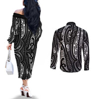 New Zealand Maori Taniko Couples Matching Off The Shoulder Long Sleeve Dress and Long Sleeve Button Shirt Black Kowhaiwhai Puhoro