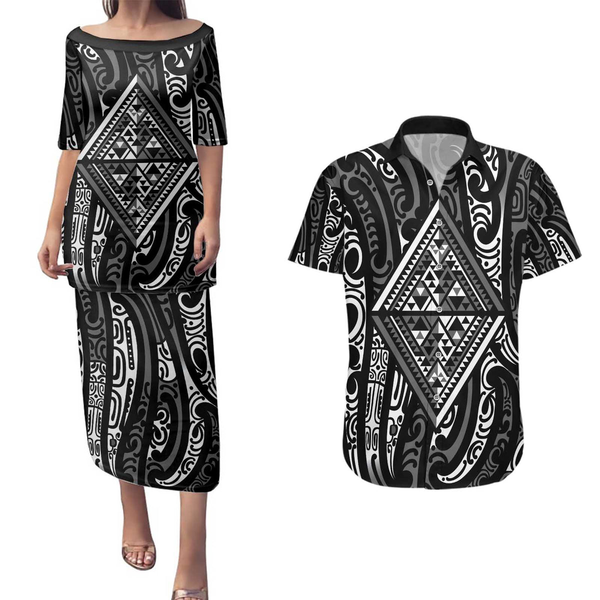 New Zealand Maori Taniko Couples Matching Puletasi and Hawaiian Shirt Black Kowhaiwhai Puhoro