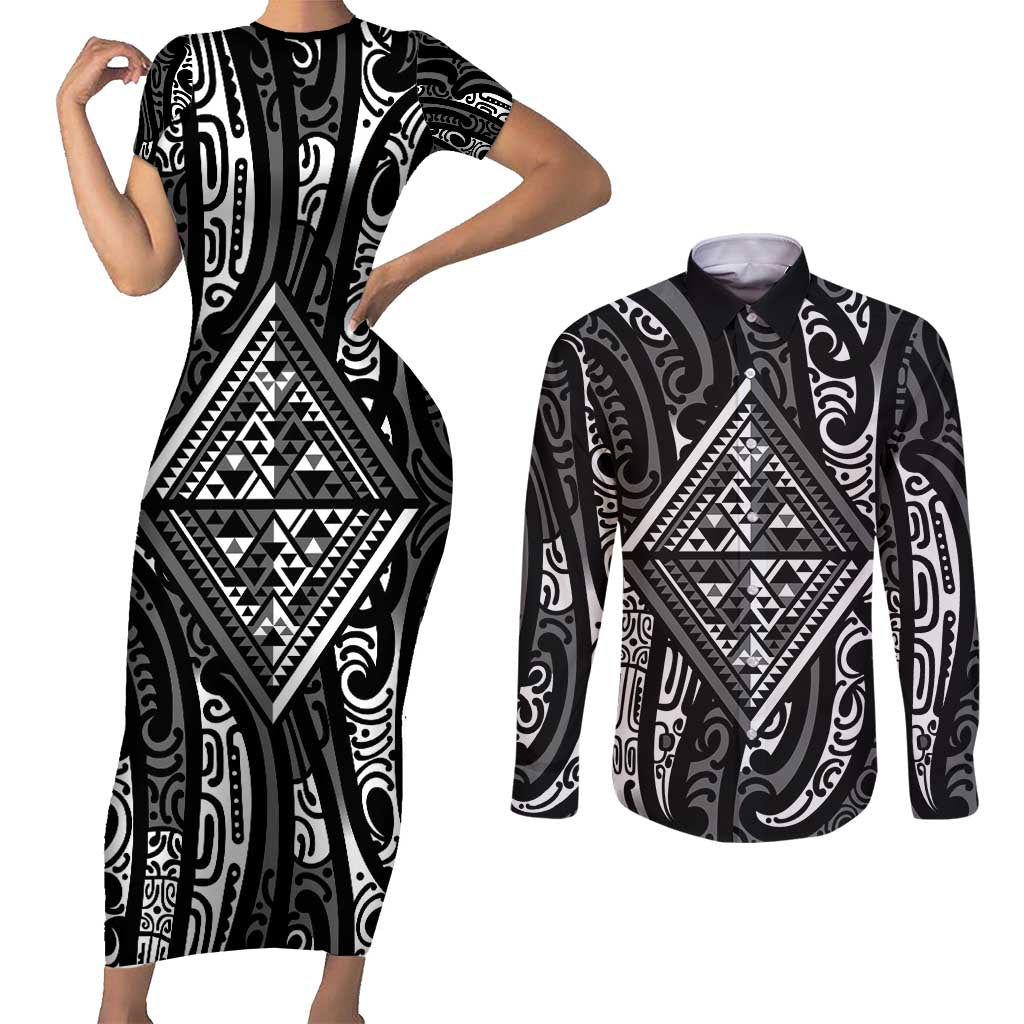New Zealand Maori Taniko Couples Matching Short Sleeve Bodycon Dress and Long Sleeve Button Shirt Black Kowhaiwhai Puhoro