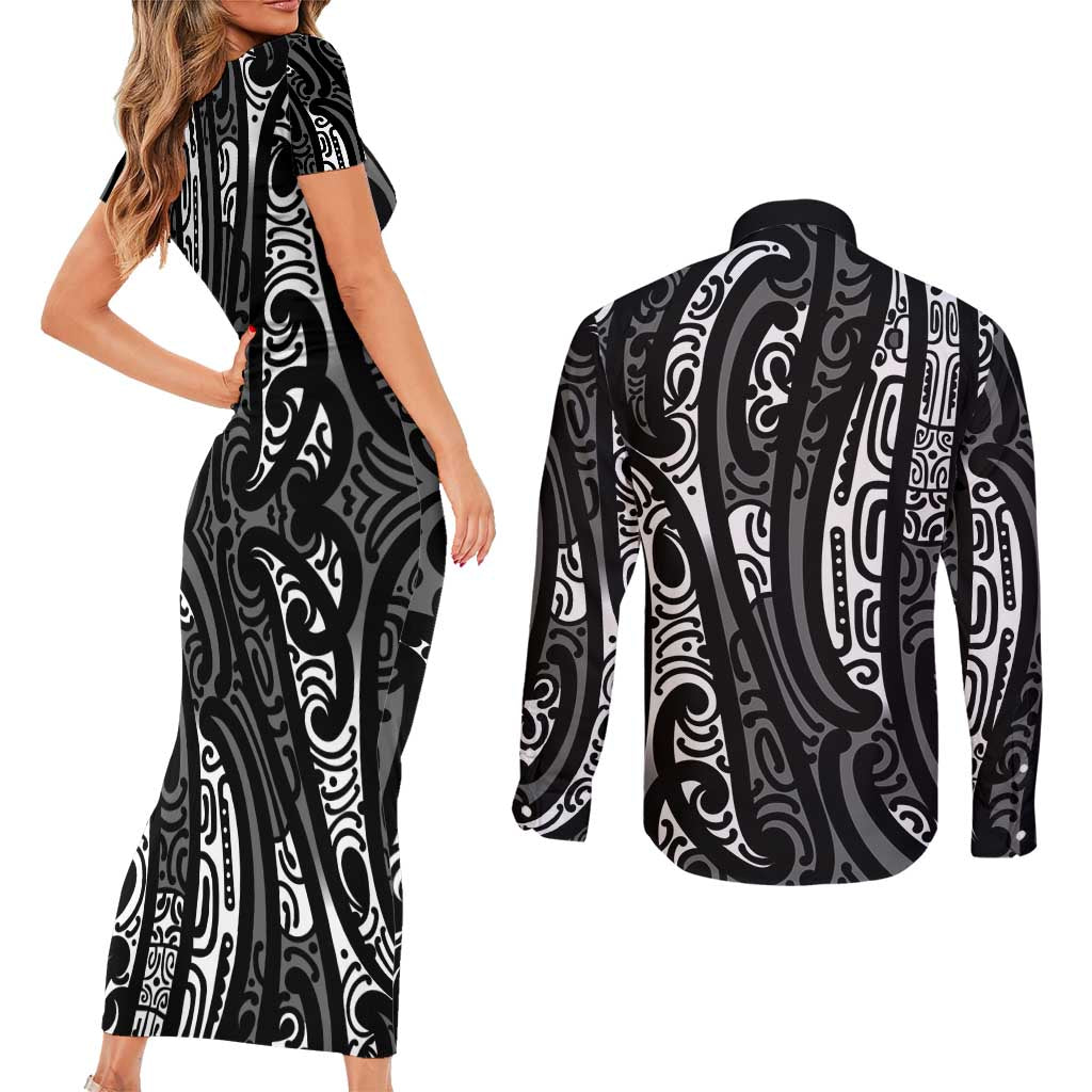 New Zealand Maori Taniko Couples Matching Short Sleeve Bodycon Dress and Long Sleeve Button Shirt Black Kowhaiwhai Puhoro