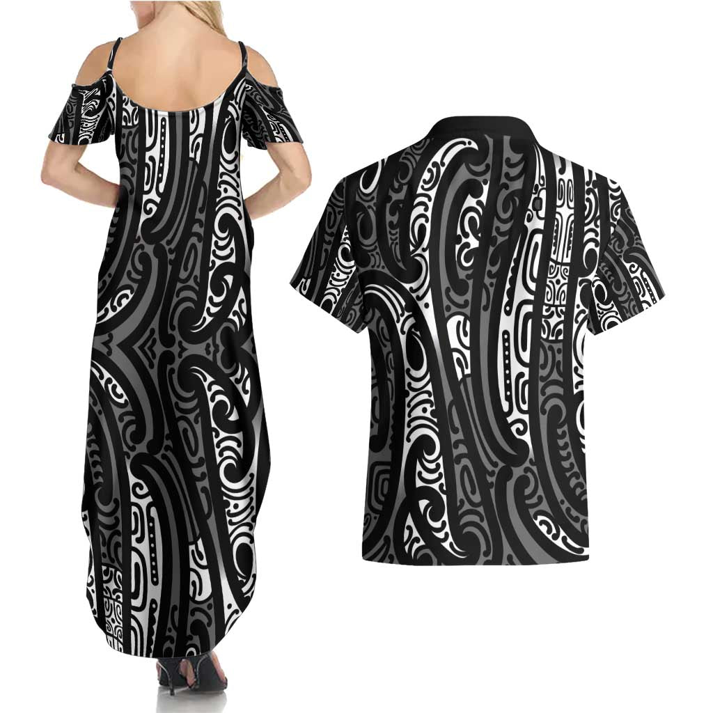 New Zealand Maori Taniko Couples Matching Summer Maxi Dress and Hawaiian Shirt Black Kowhaiwhai Puhoro