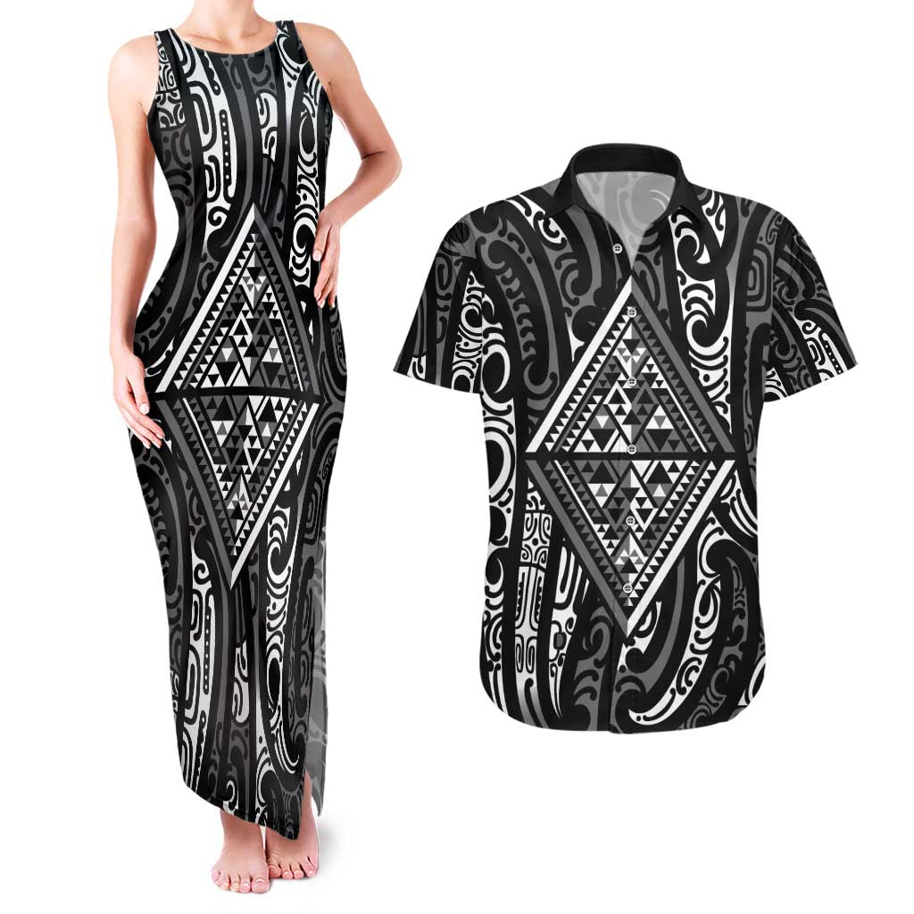 New Zealand Maori Taniko Couples Matching Tank Maxi Dress and Hawaiian Shirt Black Kowhaiwhai Puhoro