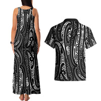 New Zealand Maori Taniko Couples Matching Tank Maxi Dress and Hawaiian Shirt Black Kowhaiwhai Puhoro