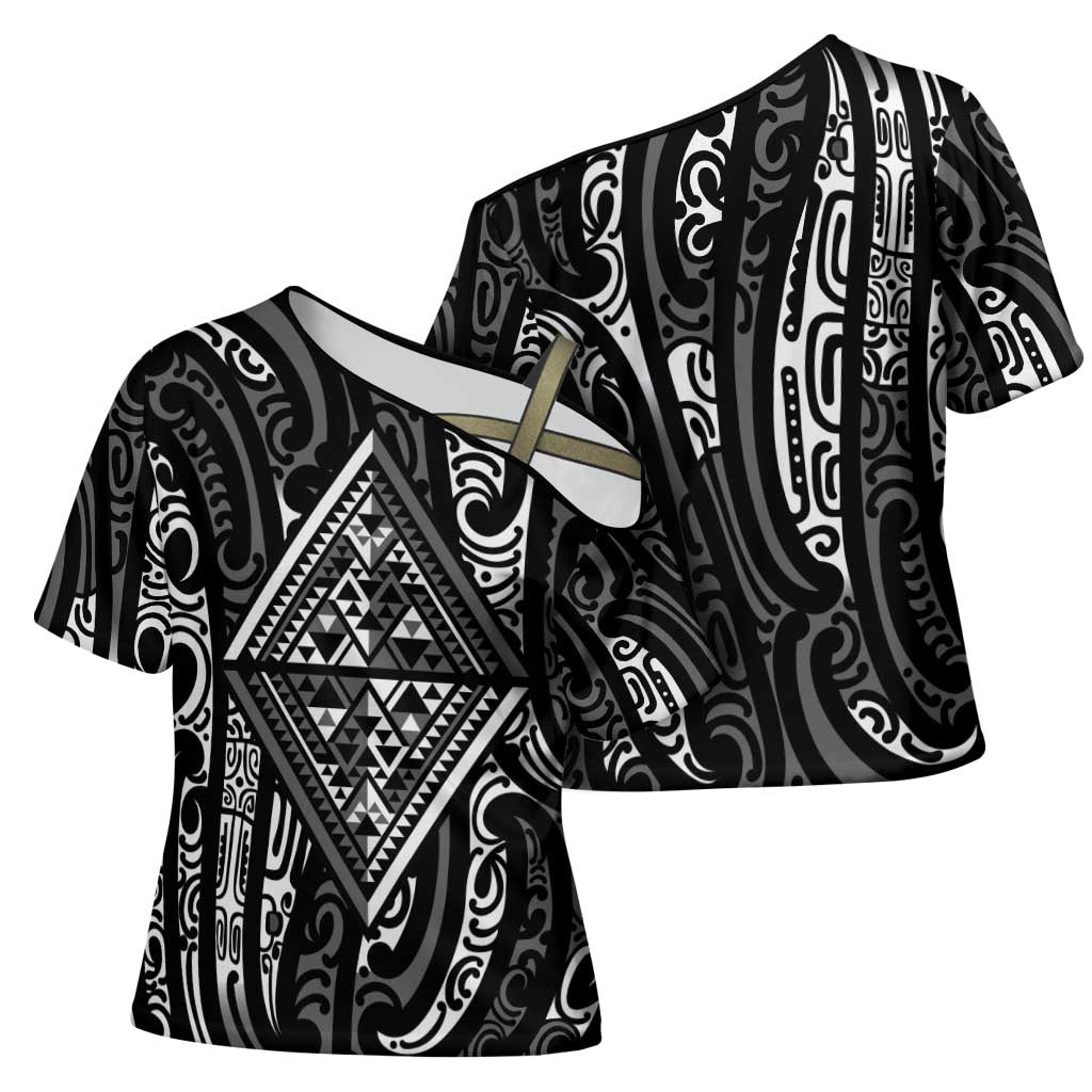 New Zealand Maori Taniko Cross Shoulder Shirt Black Kowhaiwhai Puhoro - Polynesian Pride