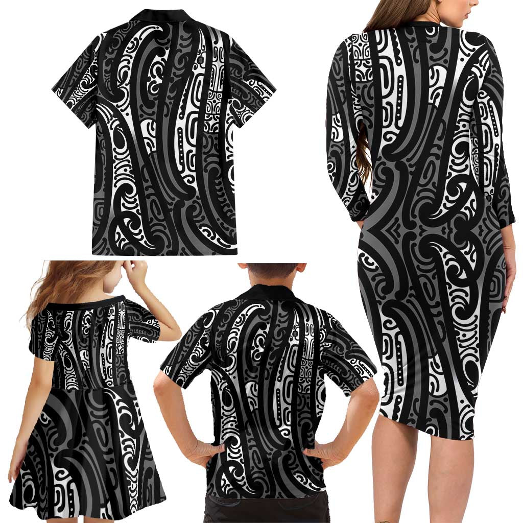 New Zealand Maori Taniko Family Matching Long Sleeve Bodycon Dress and Hawaiian Shirt Black Kowhaiwhai Puhoro