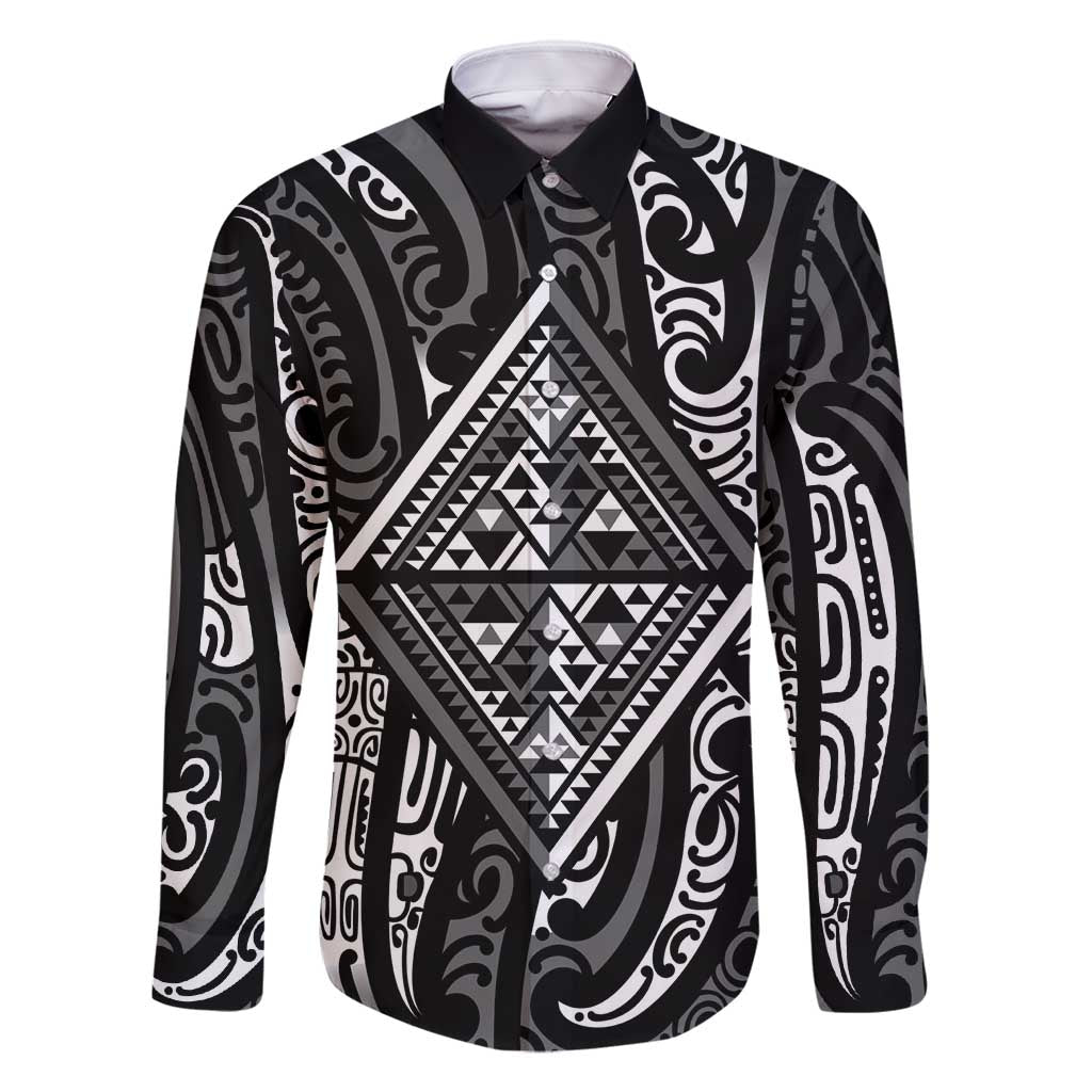 New Zealand Maori Taniko Family Matching Long Sleeve Bodycon Dress and Hawaiian Shirt Black Kowhaiwhai Puhoro