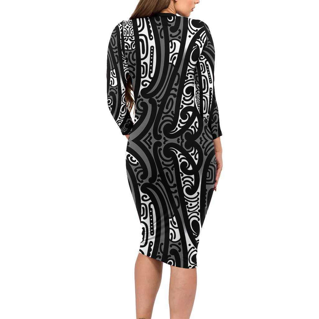 New Zealand Maori Taniko Family Matching Long Sleeve Bodycon Dress and Hawaiian Shirt Black Kowhaiwhai Puhoro