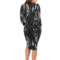 New Zealand Maori Taniko Family Matching Long Sleeve Bodycon Dress and Hawaiian Shirt Black Kowhaiwhai Puhoro