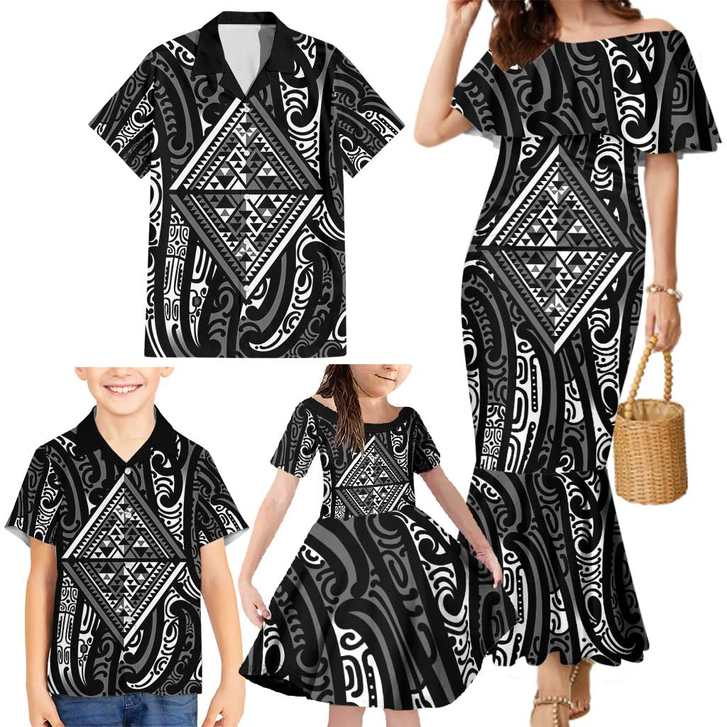 New Zealand Maori Taniko Family Matching Mermaid Dress and Hawaiian Shirt Black Kowhaiwhai Puhoro