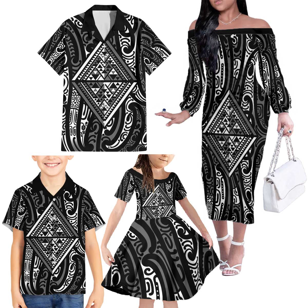 New Zealand Maori Taniko Family Matching Off The Shoulder Long Sleeve Dress and Hawaiian Shirt Black Kowhaiwhai Puhoro