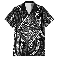New Zealand Maori Taniko Family Matching Off The Shoulder Long Sleeve Dress and Hawaiian Shirt Black Kowhaiwhai Puhoro