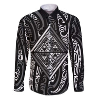 New Zealand Maori Taniko Family Matching Off The Shoulder Long Sleeve Dress and Hawaiian Shirt Black Kowhaiwhai Puhoro