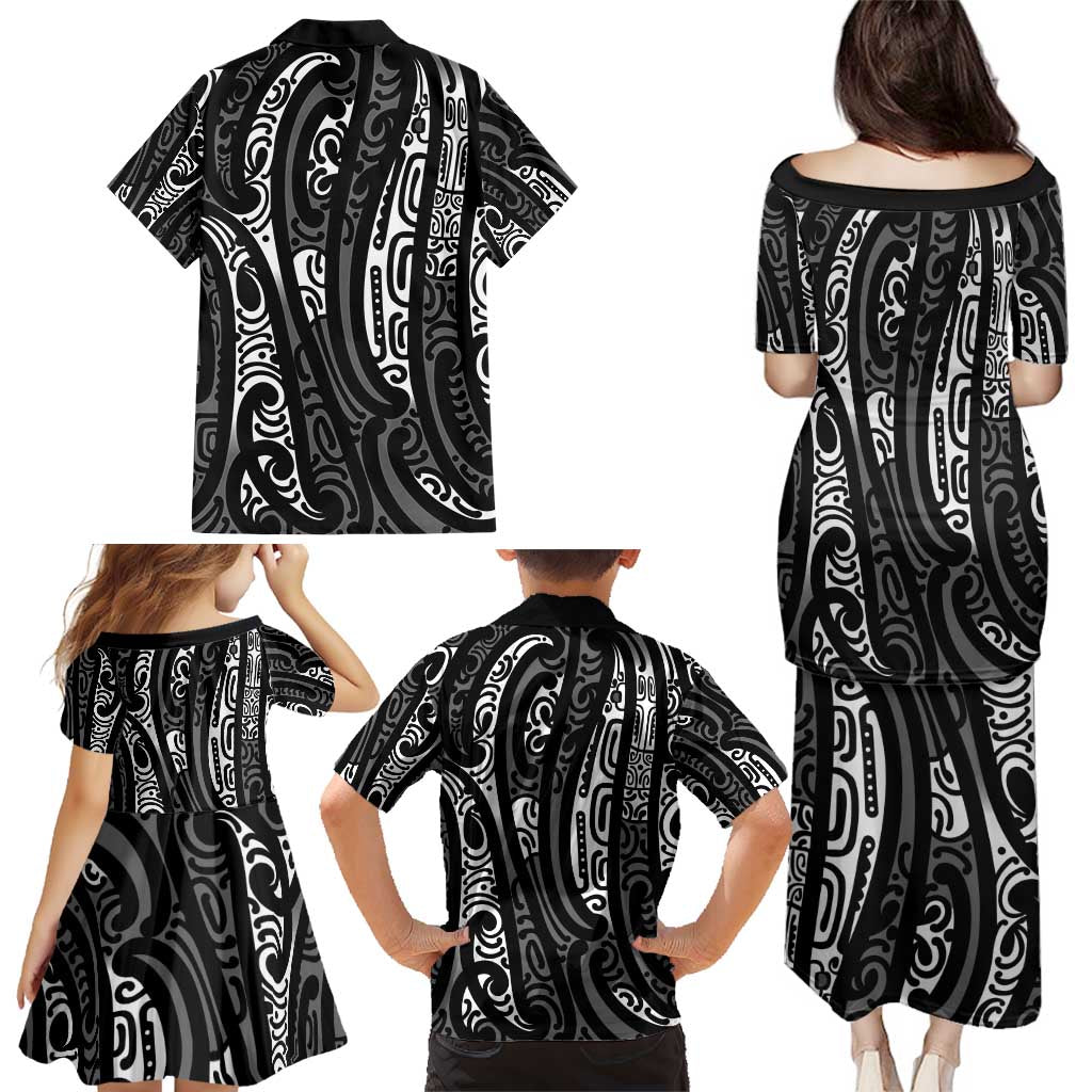 New Zealand Maori Taniko Family Matching Puletasi and Hawaiian Shirt Black Kowhaiwhai Puhoro