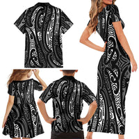 New Zealand Maori Taniko Family Matching Short Sleeve Bodycon Dress and Hawaiian Shirt Black Kowhaiwhai Puhoro